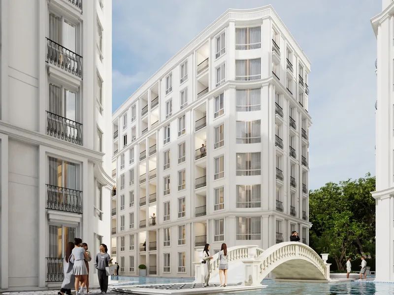 Harmonia City Garden — Entrance and facade (render)