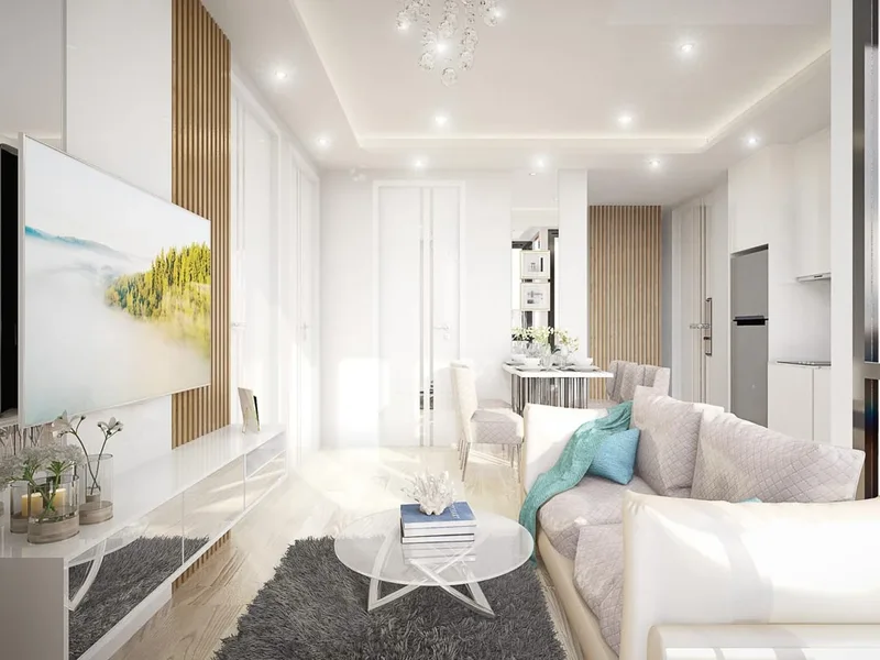 Architectural render of a living room connected to dining and kitchen space at Siam Oriental Dream, Pattaya