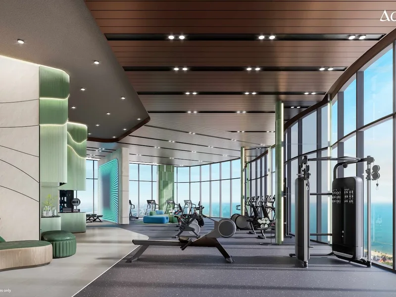 Architectural render of a fitness room with large windows at Aquarous Jomtien Pattaya, Pattaya