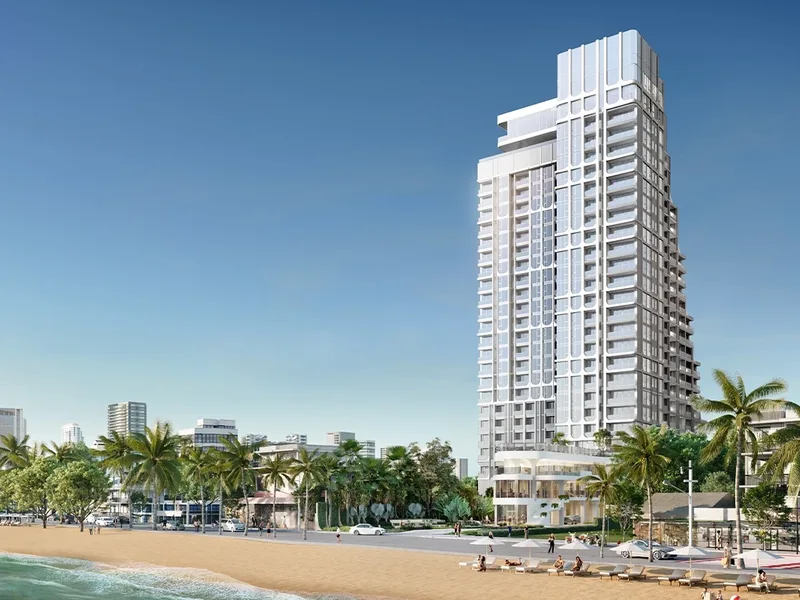Architectural render of the tower beside the coastline at PTY Residence Sai 1, Pattaya