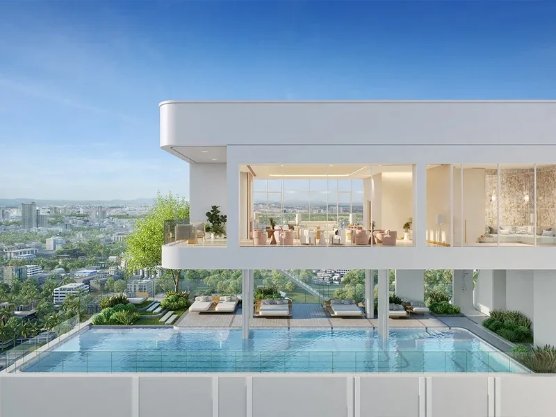 Architectural render of an elevated swimming pool at PTY Residence Sai 1, Pattaya