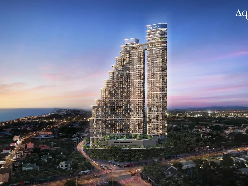 Architectural render of the towers against the dusk skyline at Aquarous Jomtien Pattaya, Pattaya