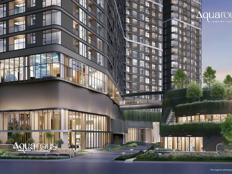 Architectural render of the entrance and lower facade at Aquarous Jomtien Pattaya, Pattaya