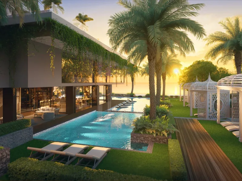Architectural render of a ground-level pool framed by planting at The Riviera Palm Beach Wongamat, Pattaya
