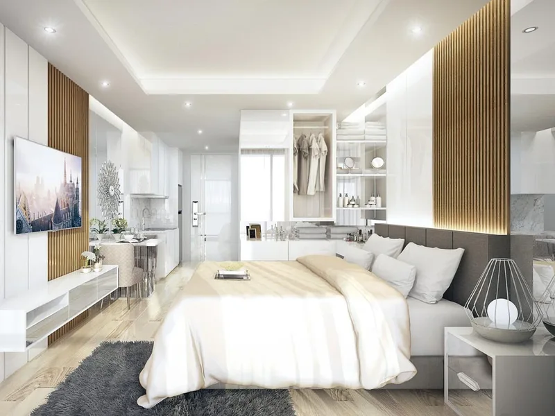 Architectural render of a studio sleeping and living arrangement at Siam Oriental Dream, Pattaya
