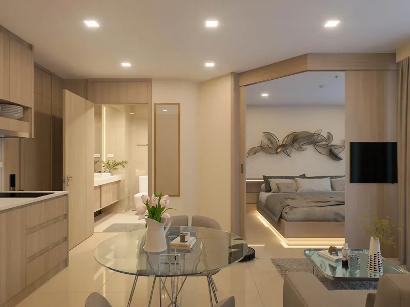 Harmonia City Garden — Living area and kitchen (render)