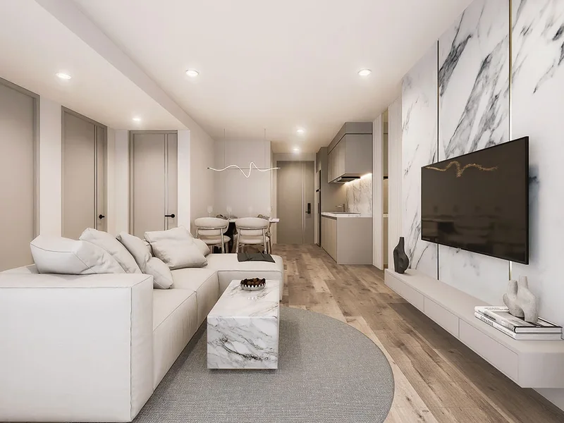 Architectural render of a living room with sofa and television wall at Siam Oriental Oasis, Pattaya