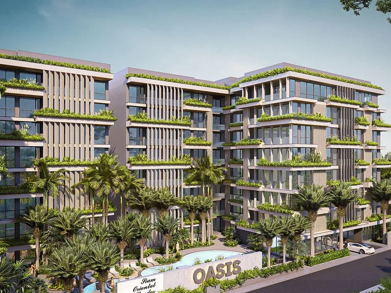 Architectural render of the building frontage and planting at Siam Oriental Oasis, Pattaya