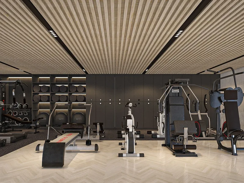 Architectural render of a gym with free weights and exercise machines at Siam Oriental Oasis, Pattaya