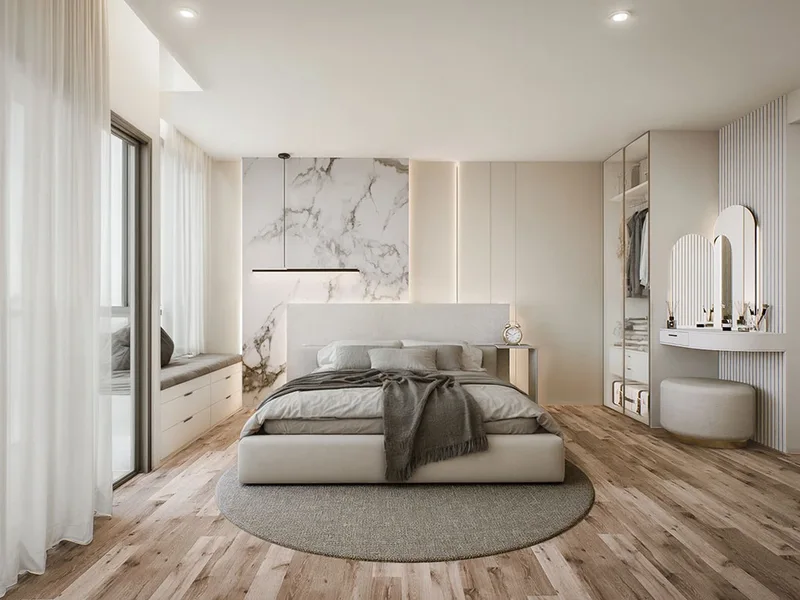 Architectural render of a bedroom with storage and window light at Siam Oriental Oasis, Pattaya