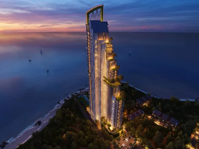 Architectural render of the tower and nighttime skyline at The Riviera Palm Beach Wongamat, Pattaya