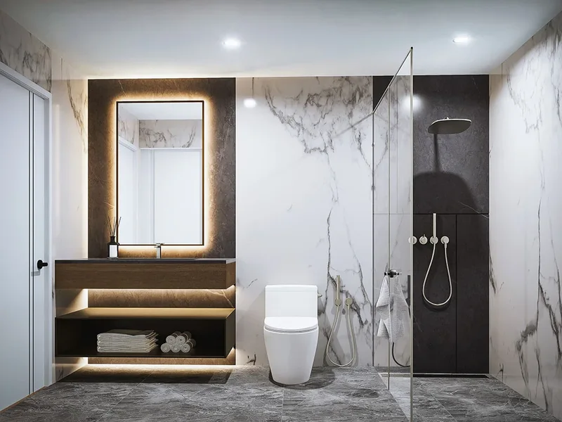 Architectural render of a bathroom with washbasin, toilet and shower at Siam Oriental Oasis, Pattaya