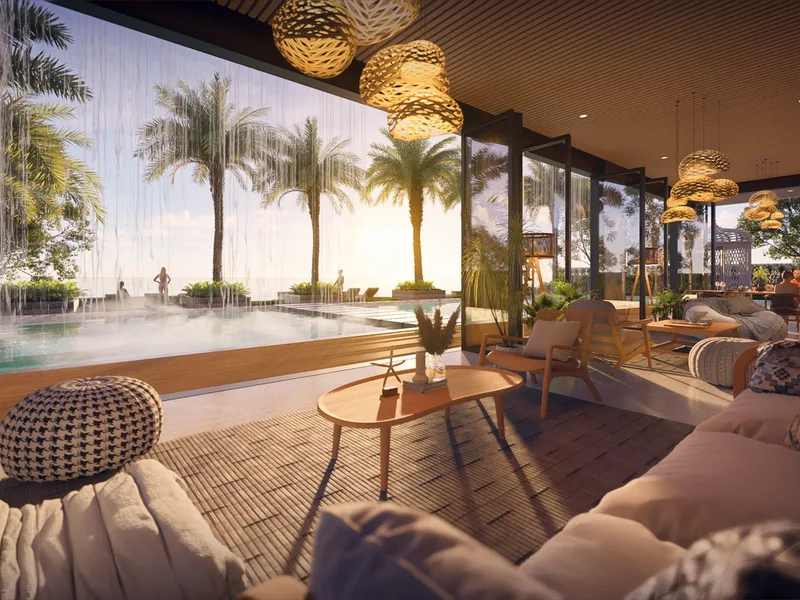 Architectural render of a poolside veranda with seating at The Riviera Palm Beach Wongamat, Pattaya