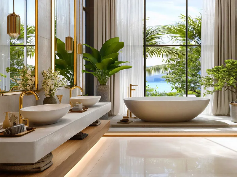 Architectural render of a bathroom with bathtub and washbasins at The Riviera Palm Beach Wongamat, Pattaya