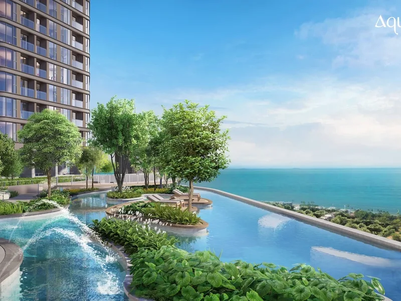 Architectural render of a landscaped swimming pool and garden at Aquarous Jomtien Pattaya, Pattaya
