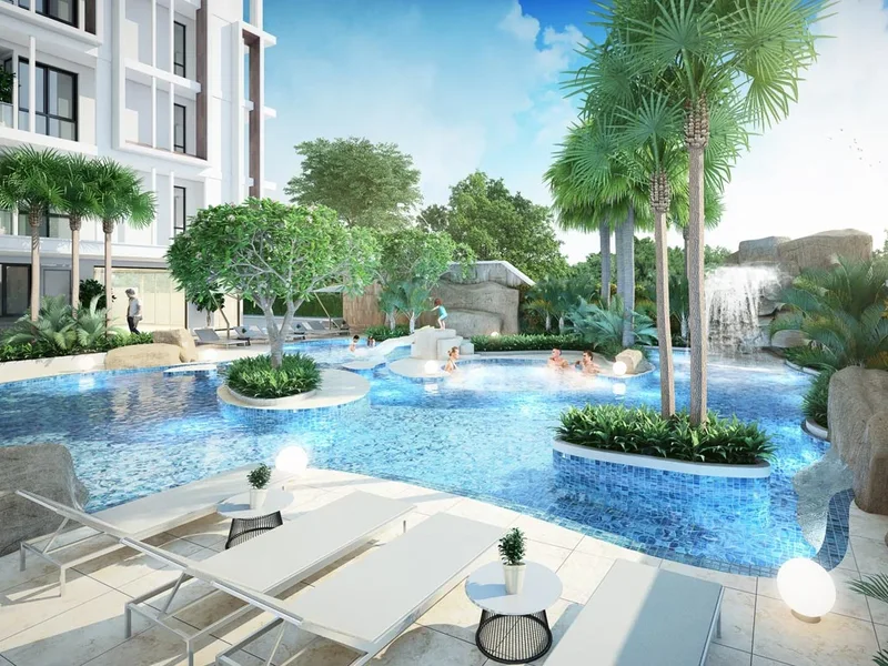Architectural render of a landscaped ground-level pool at Siam Oriental Dream, Pattaya
