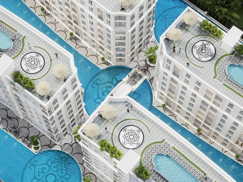 Harmonia City Garden — Aerial view of the courtyard (render)