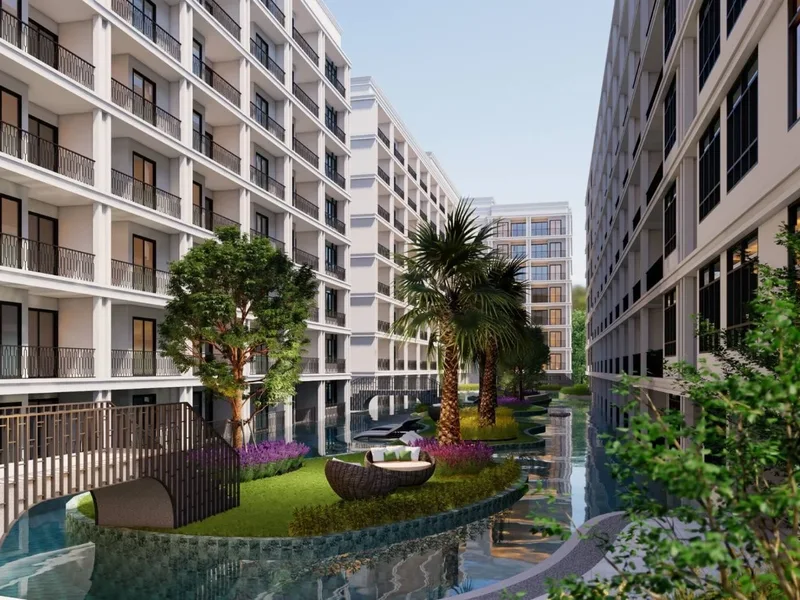 Architectural render of a pool courtyard between residential wings at The Indeed Condo Pattaya, Pattaya