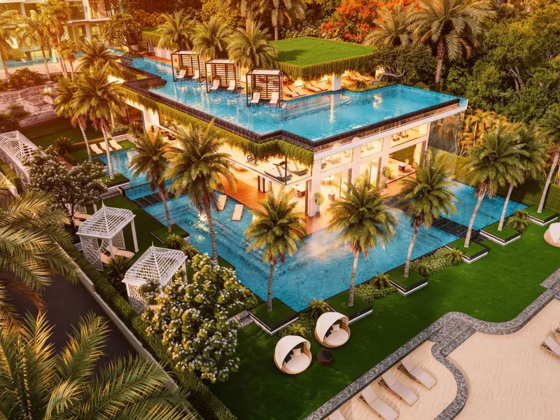 Architectural render of the pool and amenity building from above at The Riviera Palm Beach Wongamat, Pattaya