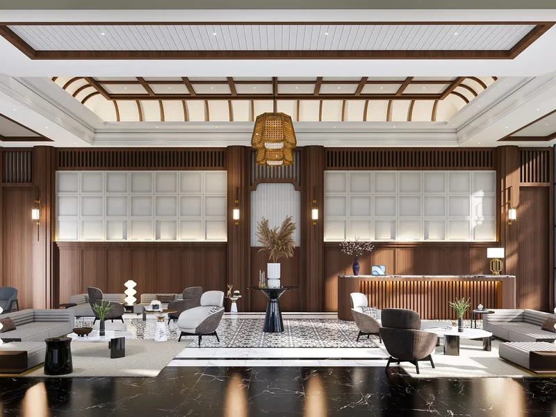 Architectural render of the lobby and seating arrangement at The Indeed Condo Pattaya, Pattaya