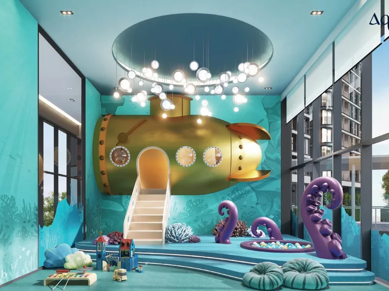Architectural render of a children's indoor play room at Aquarous Jomtien Pattaya, Pattaya