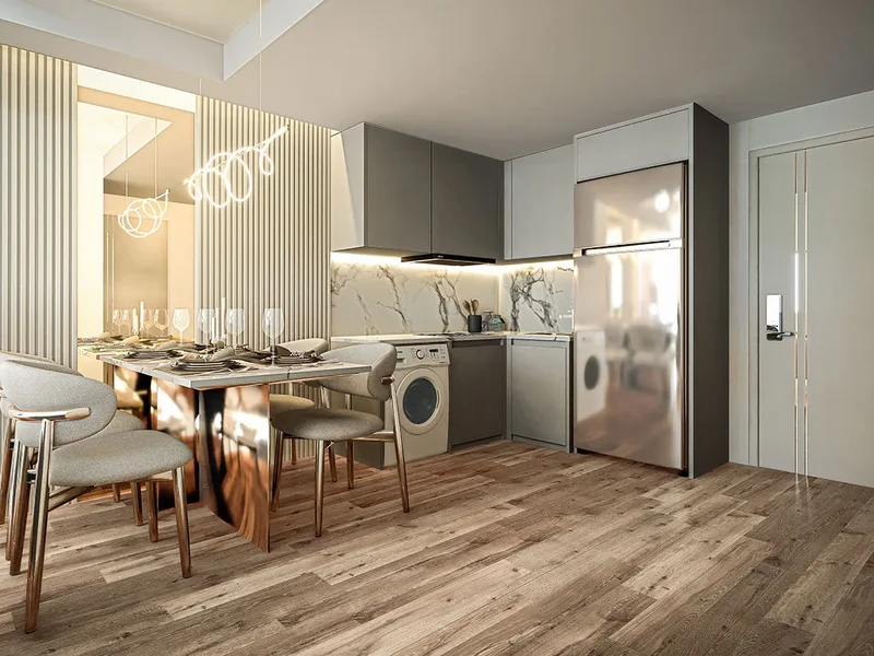Architectural render of an apartment kitchen and dining area at Siam Oriental Oasis, Pattaya