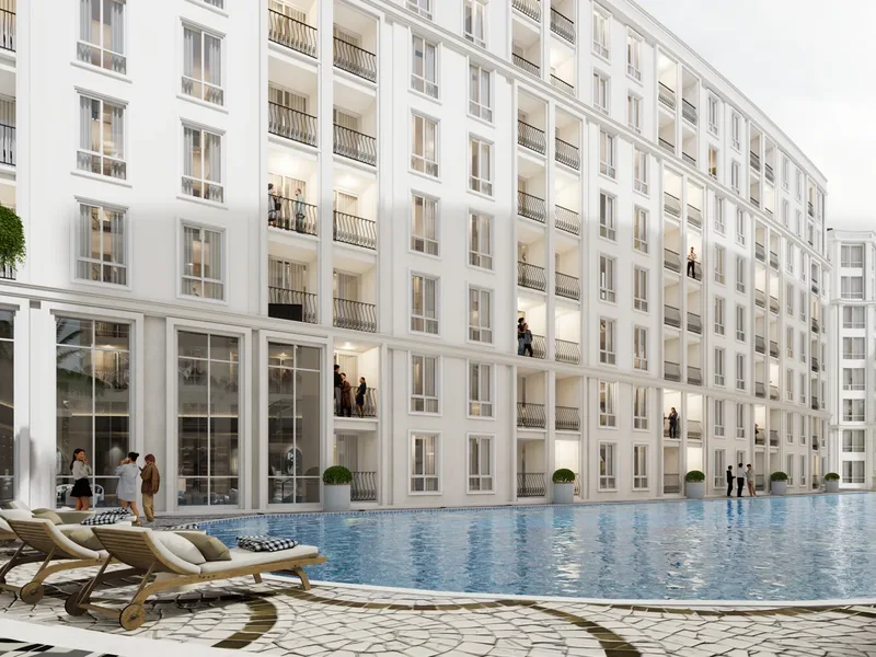 Harmonia City Garden — Buildings and swimming pool (render)