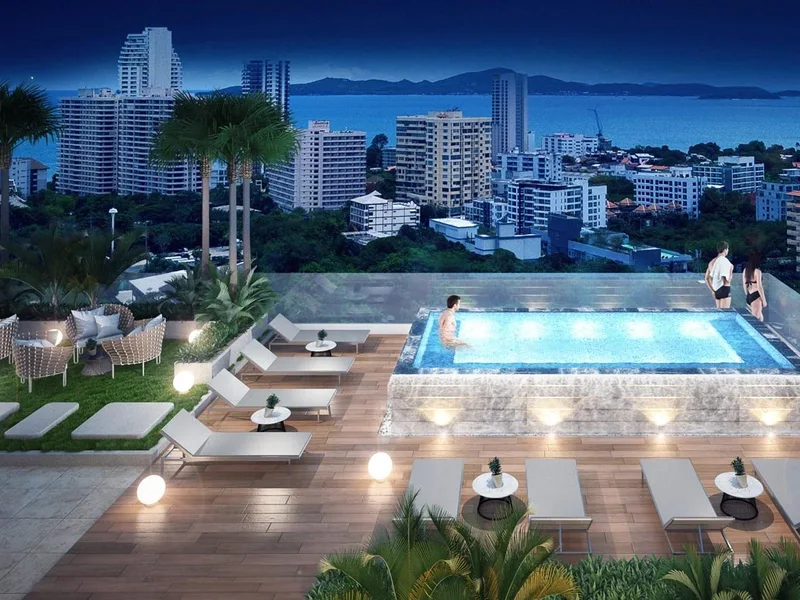 Architectural render of a rooftop pool and seating at dusk at Siam Oriental Dream, Pattaya
